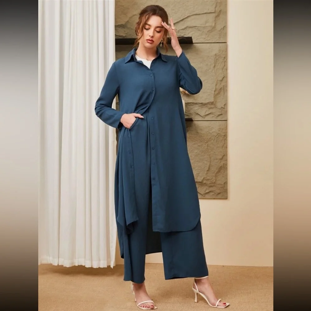 SHEIN Button Front Coat & Wide Leg Pants Set - Picture 4 of 6